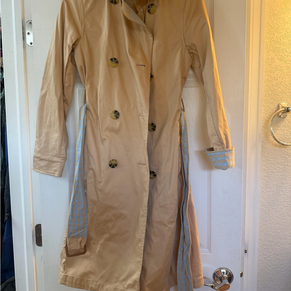 By Anthropologie Beige Trench Coat with Blue Accents